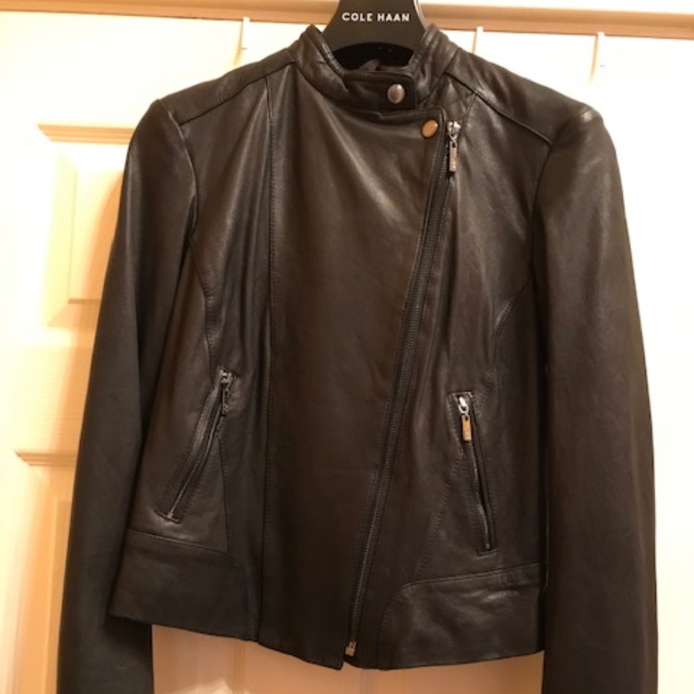 Cole Haan Women's Black Leather Moto Jacket